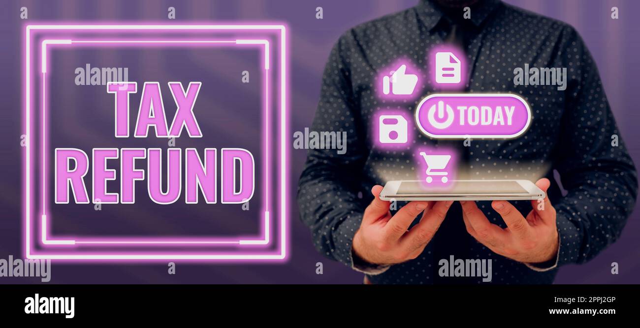 Didascalia concettuale rimborso fiscale. L'idea di affari applicata quando la responsabilità di soldi è inferiore a quella pagata Foto Stock