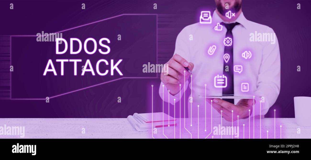 Cartello di testo che mostra l'attacco DDoS. Business Concept ha disturbato l'accesso al server normale causato da un sistema dannoso Foto Stock