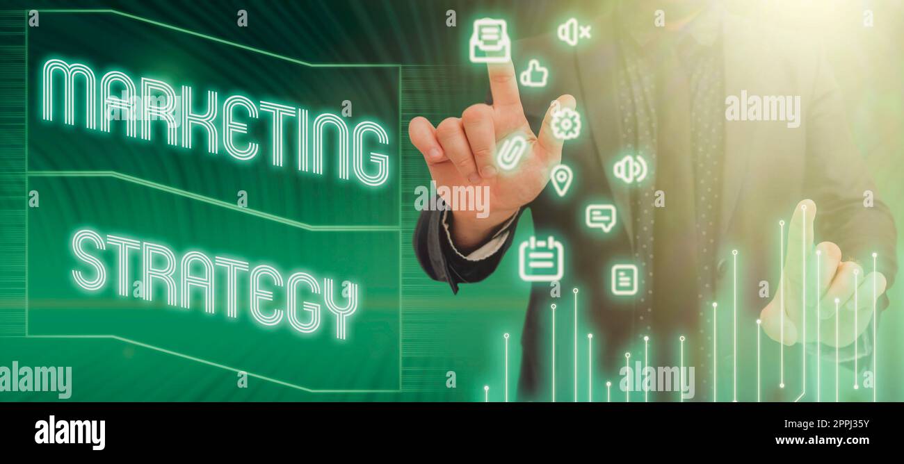 Scrittura visualizzazione testo strategia di marketing. Parola scritta sul piano d'azione progettato per promuovere e vendere il prodotto Foto Stock