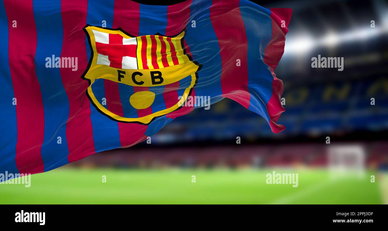 La bandiera del FC Barcelona che sventola all'interno dello stadio Camp Nou Foto Stock