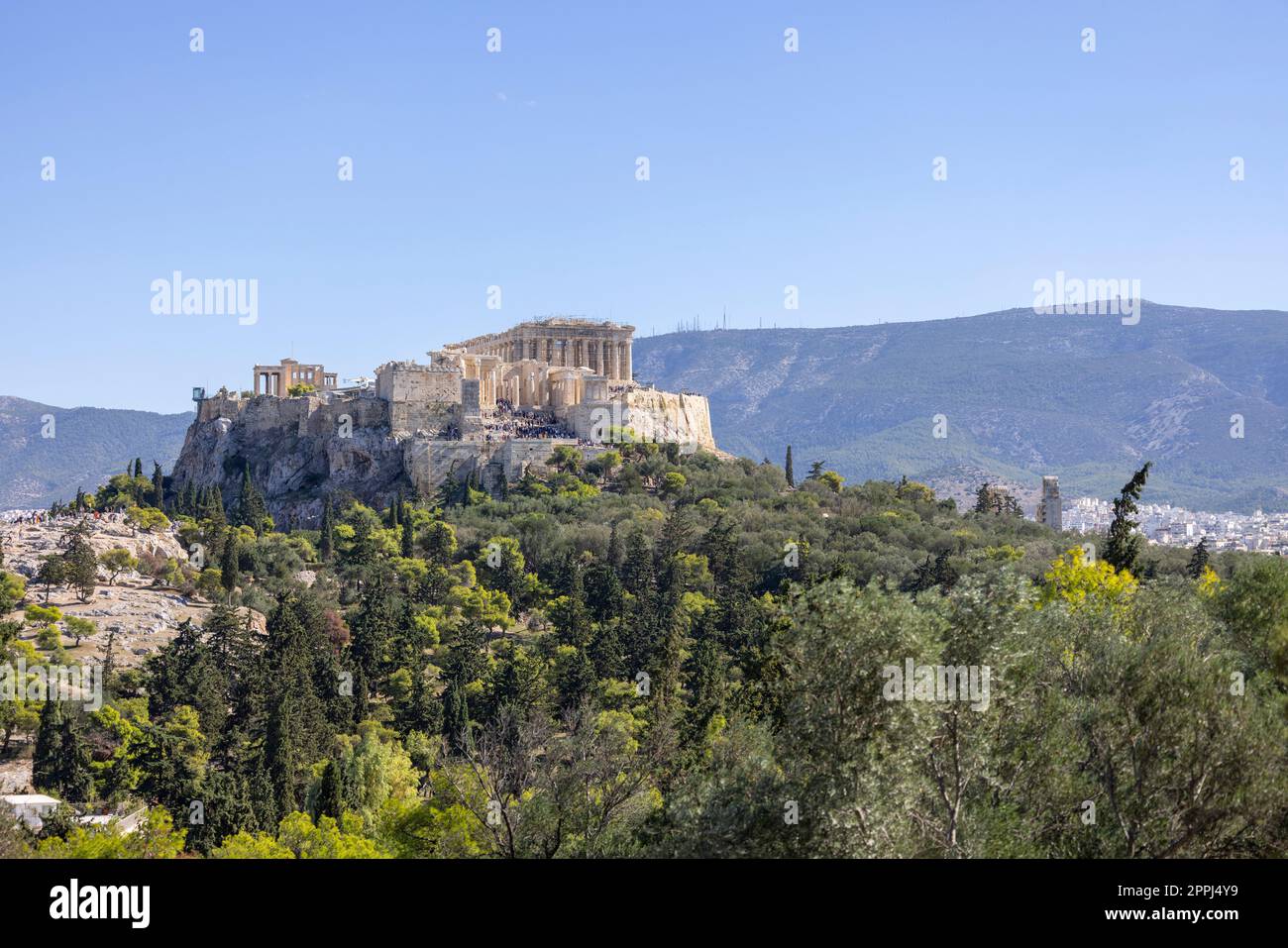 Vista dell'Acropoli di Atene dalla Collina delle Muse, Atene, Grecia Foto Stock