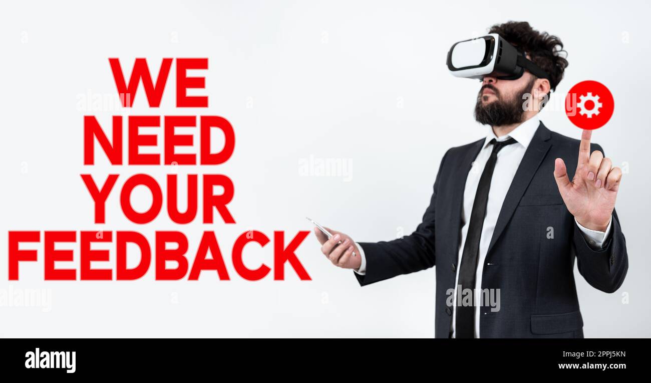 Firma scritta a mano abbiamo bisogno del tuo feedback. Parola scritta su Dacci la tua recensione pensieri commenti cosa migliorare Foto Stock