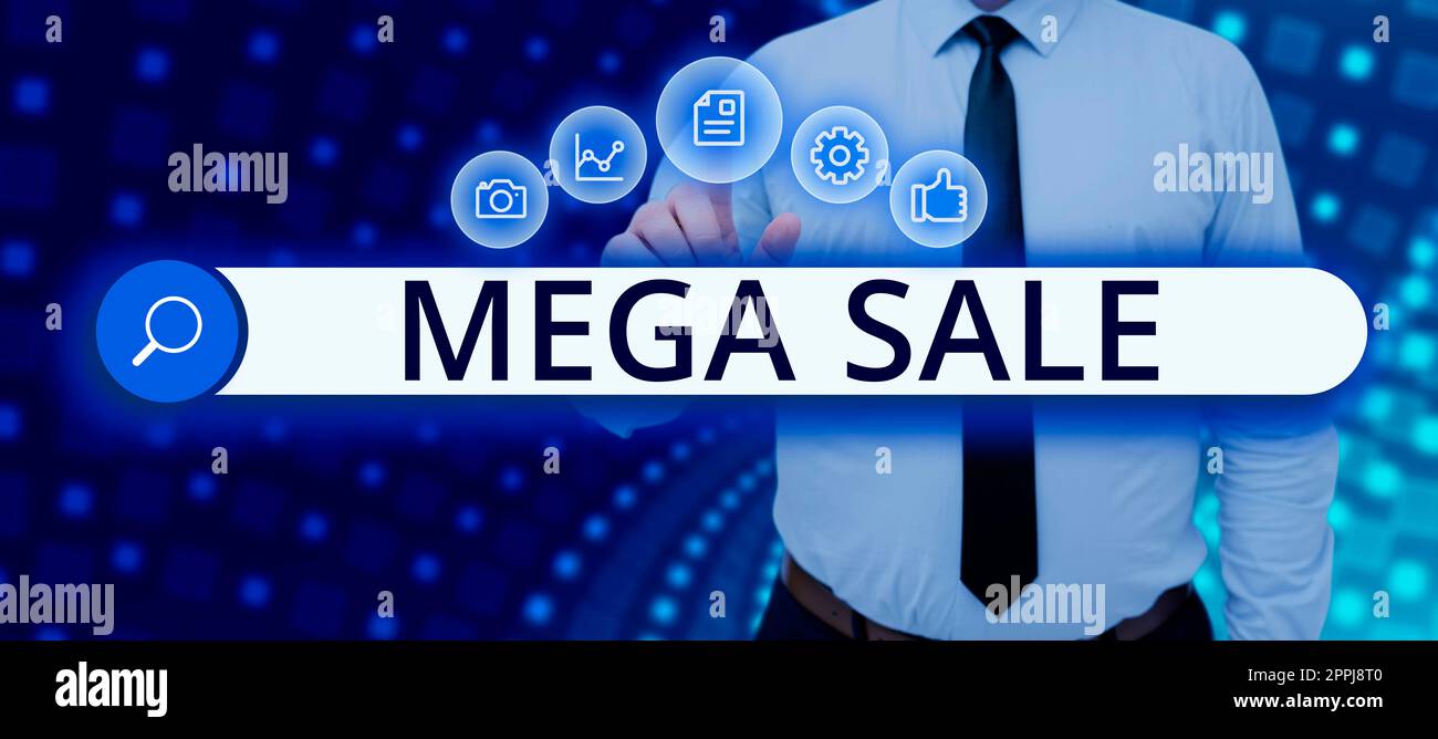 Visualizzazione concettuale Mega sale. Concetto del Internet il giorno pieno delle offerte speciali di shopping e degli sconti pesanti Foto Stock