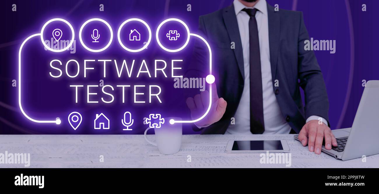 Cartello di testo che mostra Software Tester. Panoramica aziendale implementata per proteggere il software da attacchi dannosi Foto Stock
