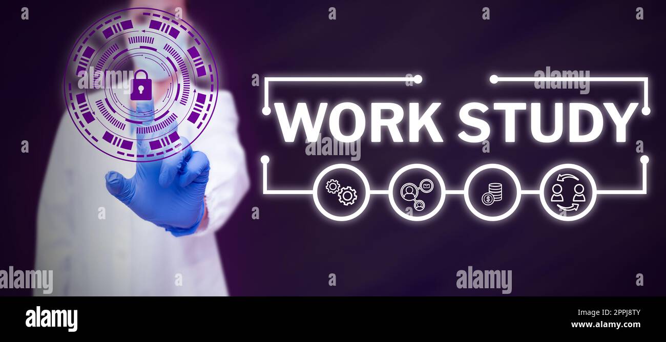 Studio concettuale sul lavoro delle didascalie. Programma universitario di concetto di affari che permette che gli allievi lavorino part-time Foto Stock
