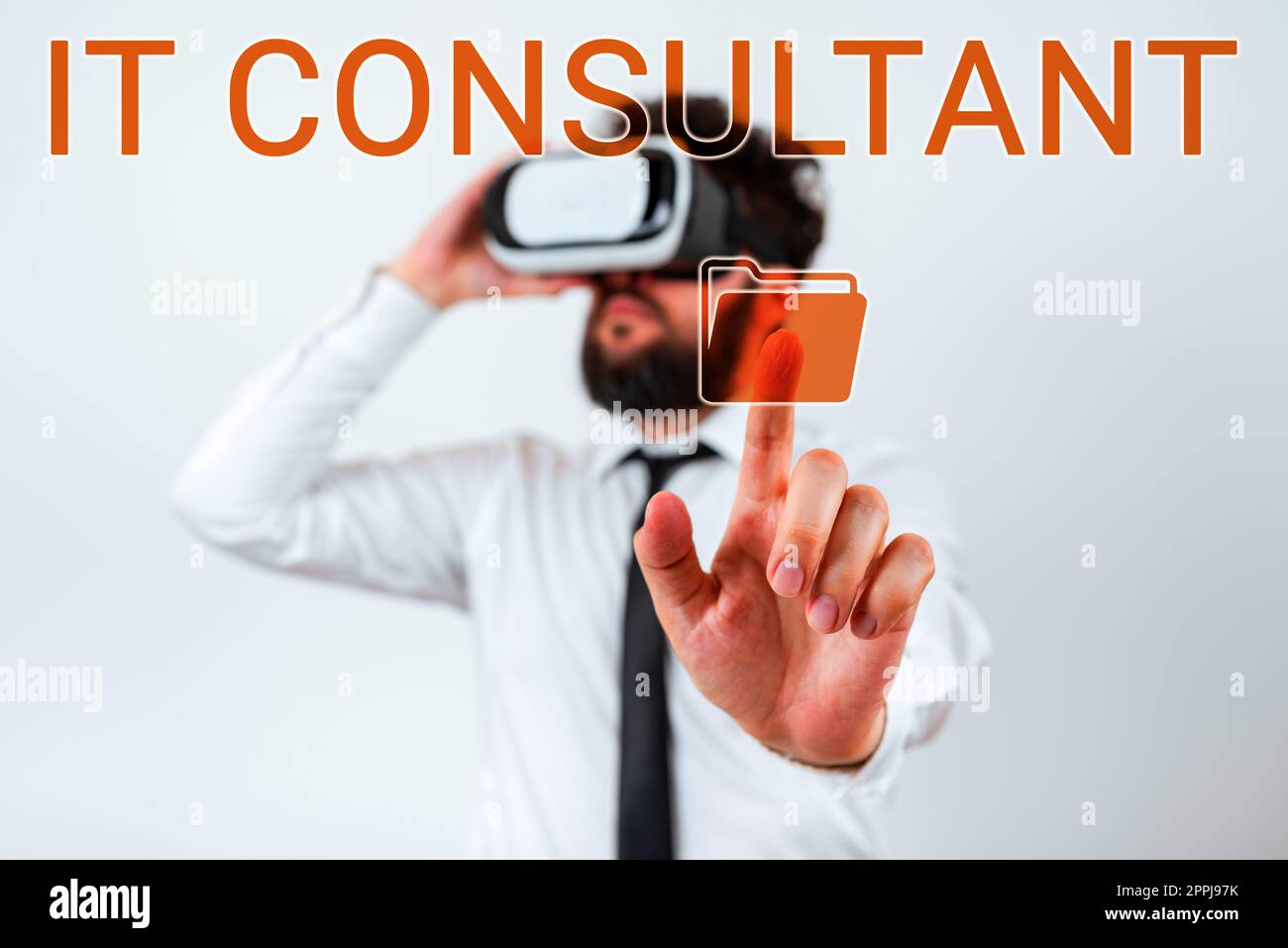 Didascalia di testo che presenta il consulente IT. La vetrina aziendale si concentra sulla consulenza alle organizzazioni su come gestire i propri servizi IT Foto Stock