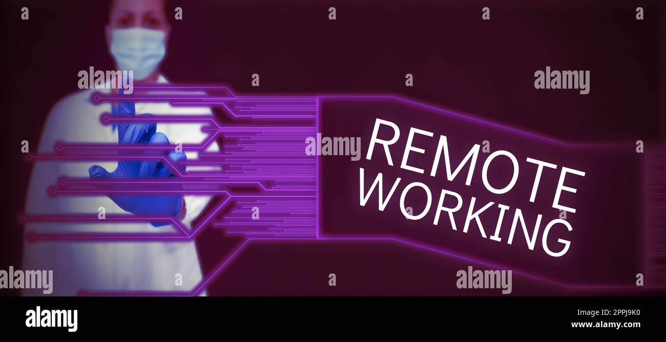 Cartello di testo che mostra lavoro remoto. Parola per situazione in cui un dipendente lavora principalmente da casa Foto Stock