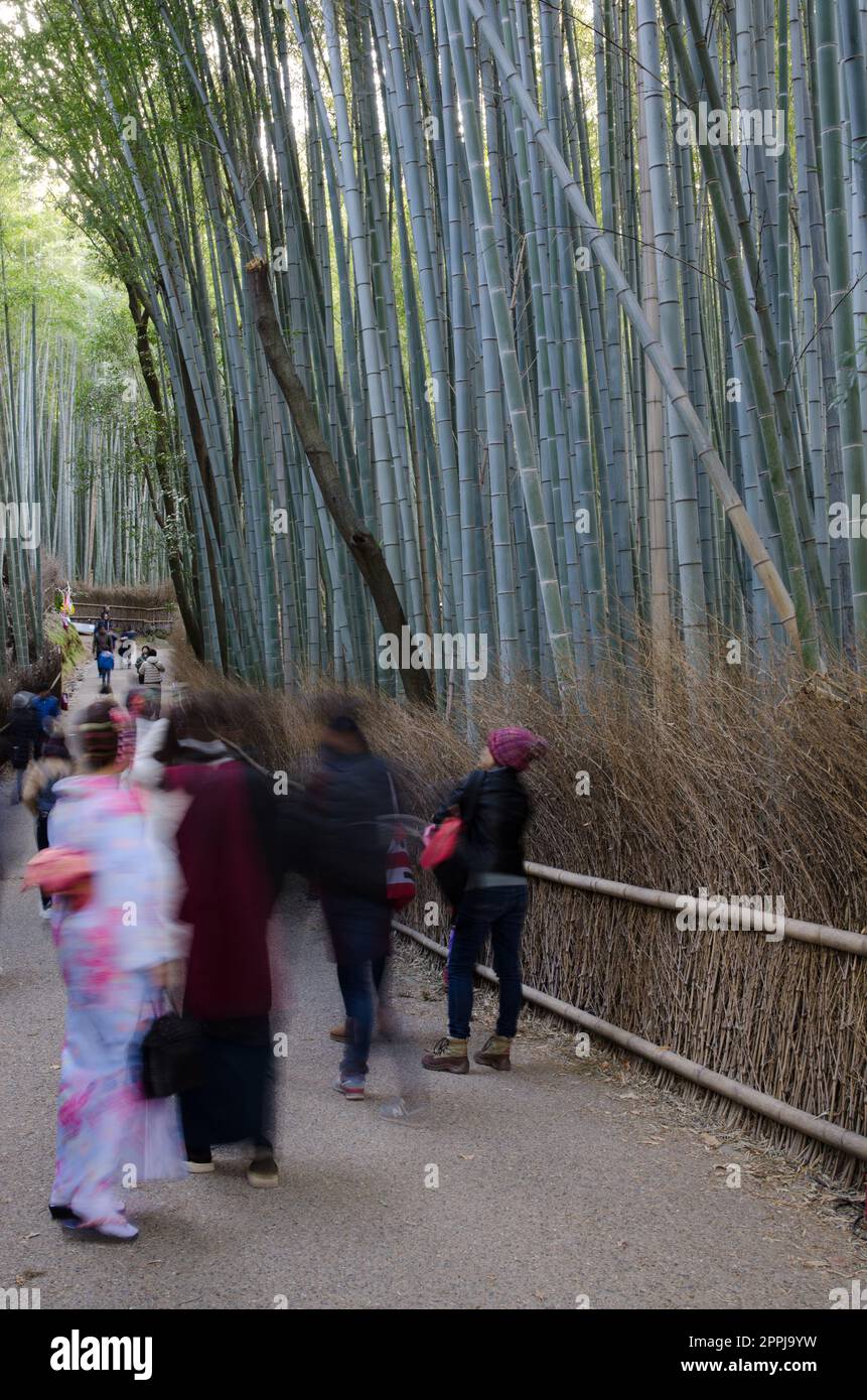 Persone che si spostano vicino alla Foresta di Bamboo di Arashiyama. Foto Stock