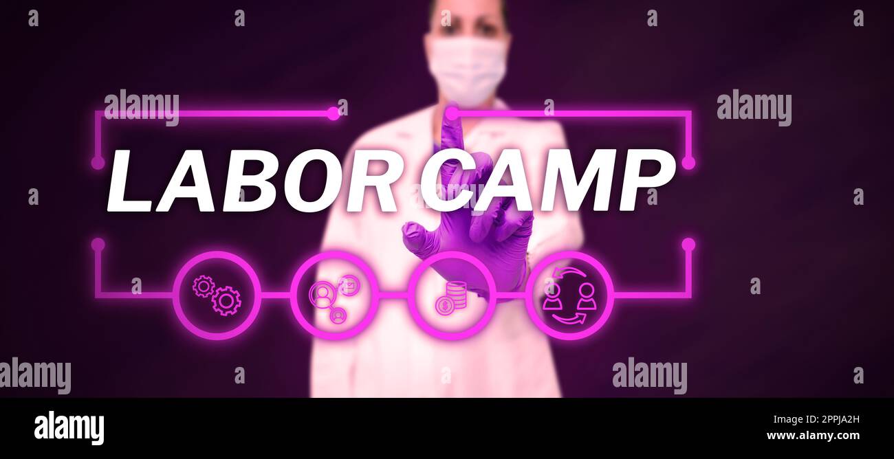 Didascalia concettuale Labor Camp. Concetto che significa una colonia penale in cui viene eseguito il lavoro forzato Foto Stock