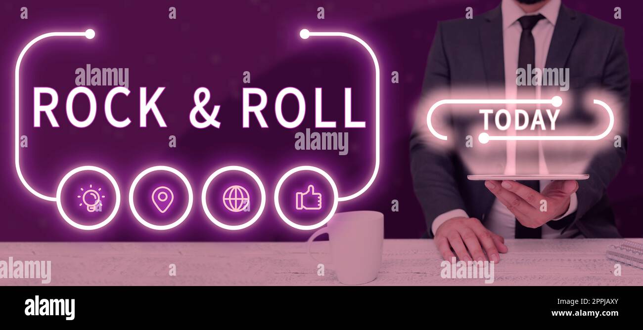 Didascalia testo con Rock Roll. Parola per genere musicale tipo di musica da ballo popolare suono heavy beat Foto Stock