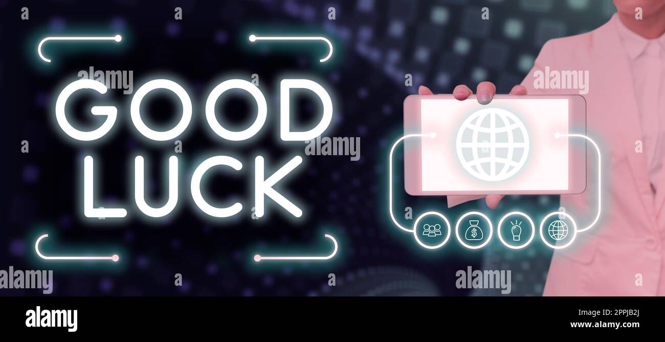 Ispirazione che mostra il segno Buona fortuna. Idea di affari Una fortuna positiva o un risultato felice che una persona può avere Foto Stock