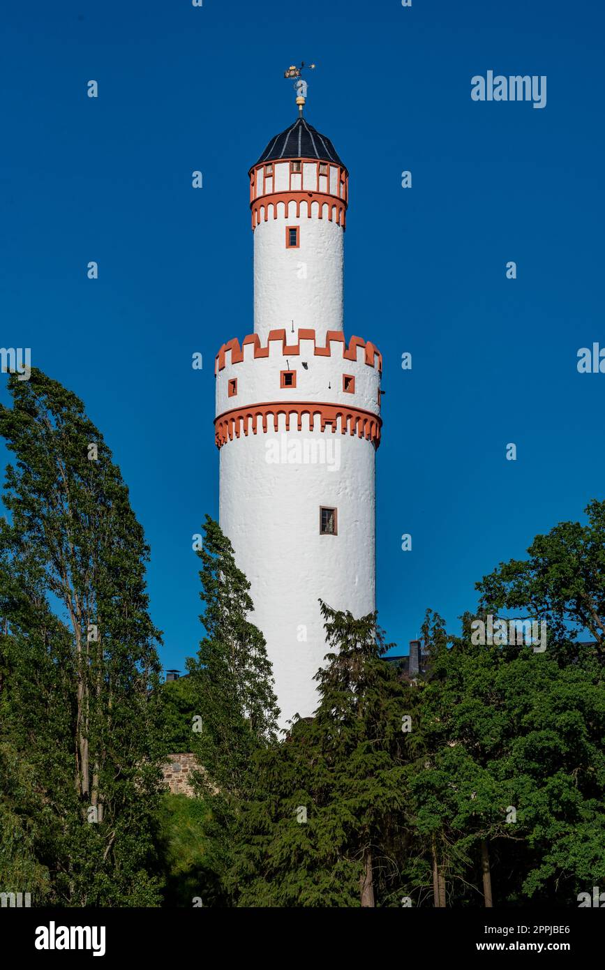 La torre bianca del castello di Bad Homburg con il verde del fogliame degli alberi e cielo blu senza nuvole Foto Stock
