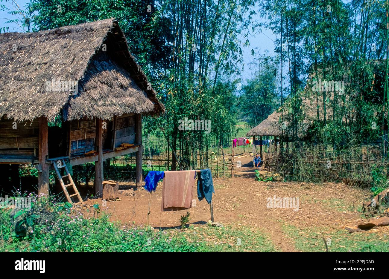Diapositiva scansionata di una storica fotografia a colori di abitazioni a pile in un villaggio della minoranza etnica del "fiorito Hmong" nel Vietnam del Nord nella Valle del fiume Rosso Foto Stock