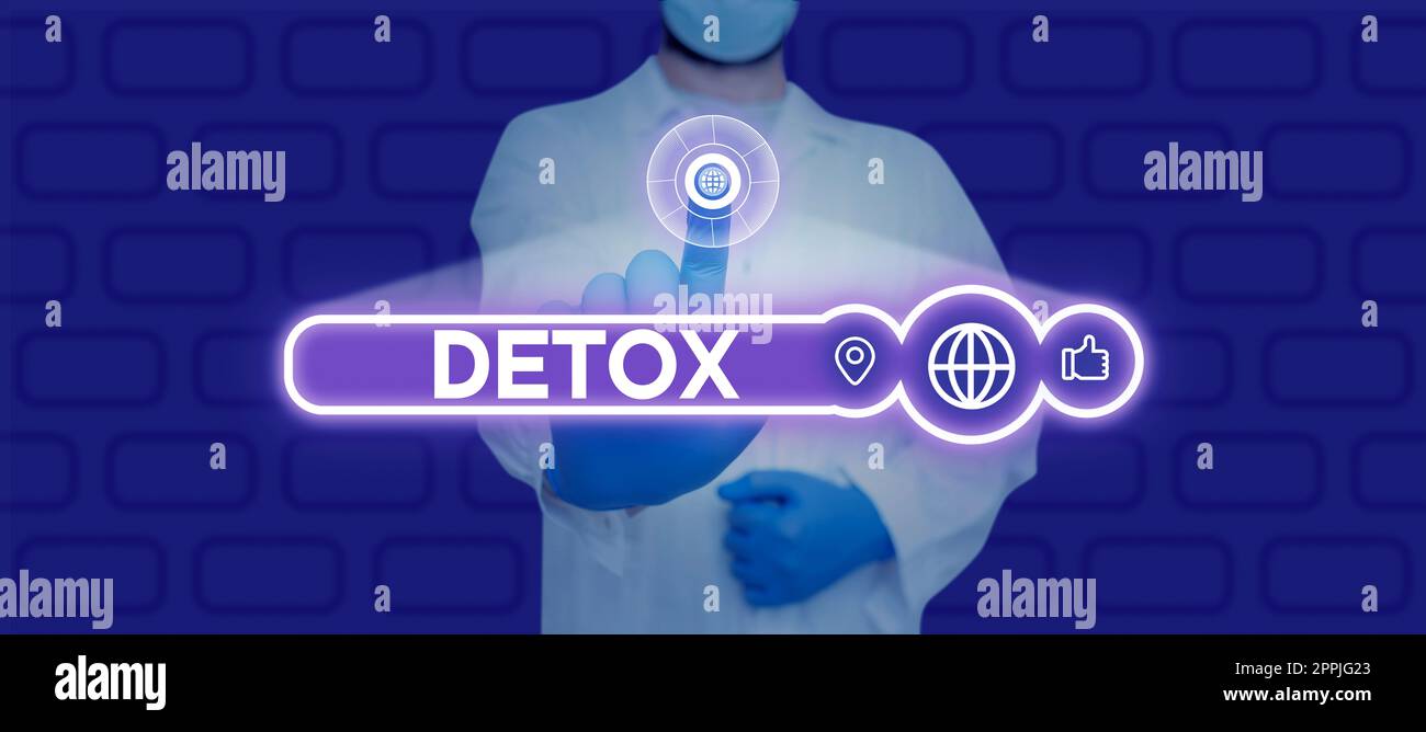 Visualizzazione concettuale Detox. Business vetrina momento per la dieta Nutrizione salute trattamento di dipendenza pulizia Foto Stock