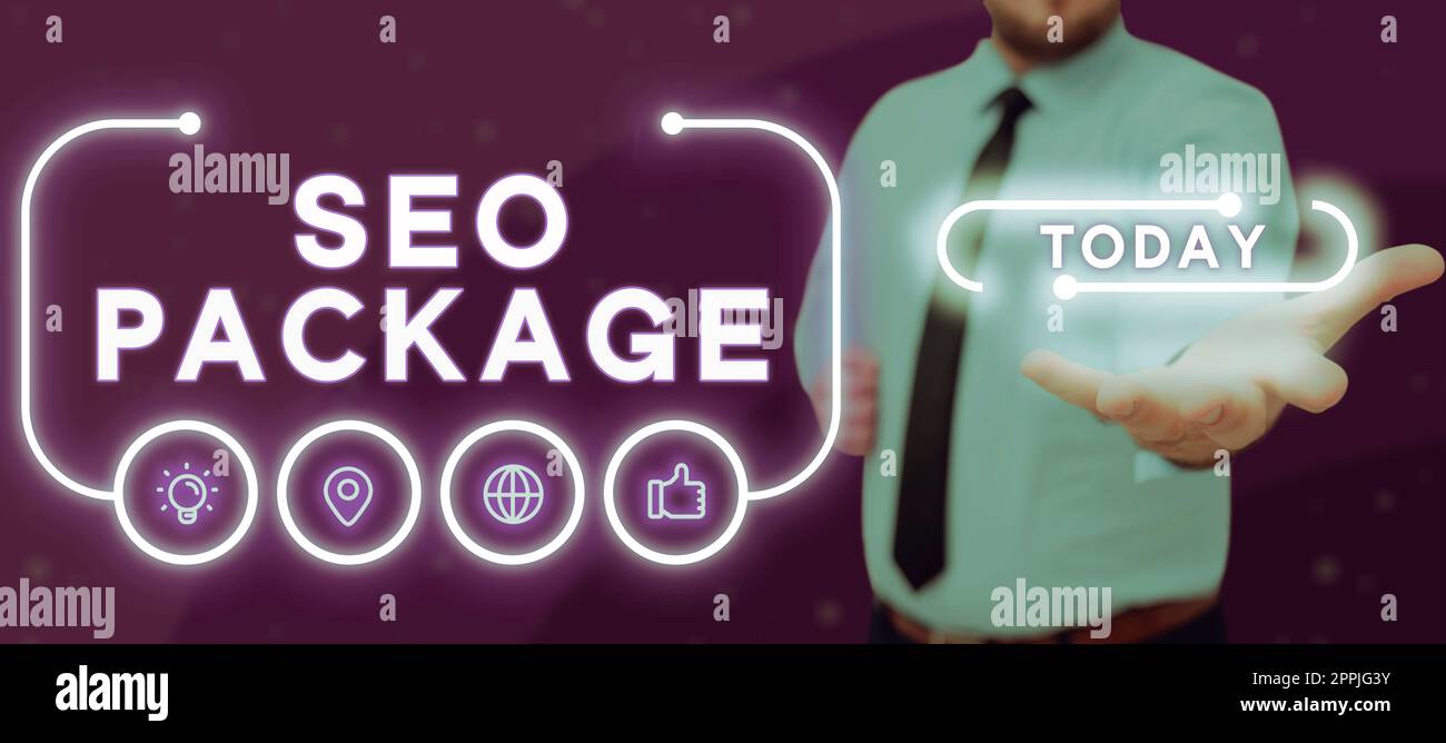 Testo scritto a mano Seo Package. La pratica generale di affari di ottimizzazione di Search Engine aumenta gli ospiti di importo Foto Stock