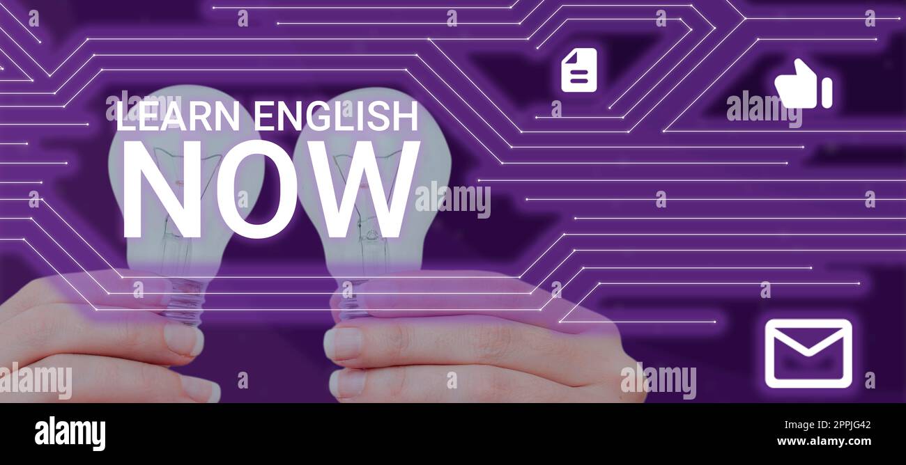 Mostra il cartello Impara l'inglese ora. Concetto che significa acquisire o acquisire conoscenze e competenze in lingua inglese Foto Stock