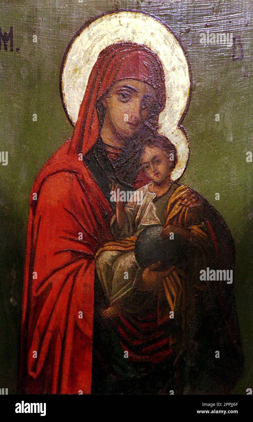 Antica icona ortodossa dipinta a mano raffigurante la Vergine Maria con il Bambino Santo Foto Stock