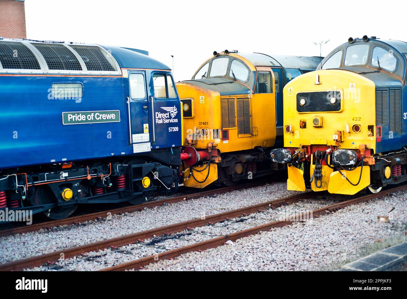 Treno diretto Classe 57 Pride of Crewe e Classe 37 locomotive statté alla Stazione ferroviaria di York, Yorkshire, Inghilterra Foto Stock