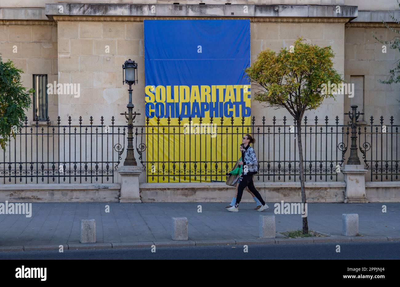 Banner ucraino di solidarietà a Bucarest Foto Stock