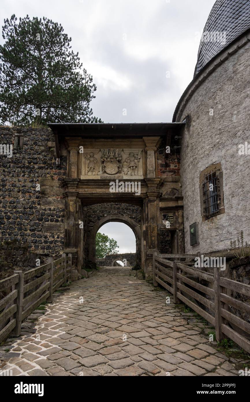 Burg Stolpen, Sassonia, Germania. Fortezza medievale su una montagna basaltica. Foto Stock