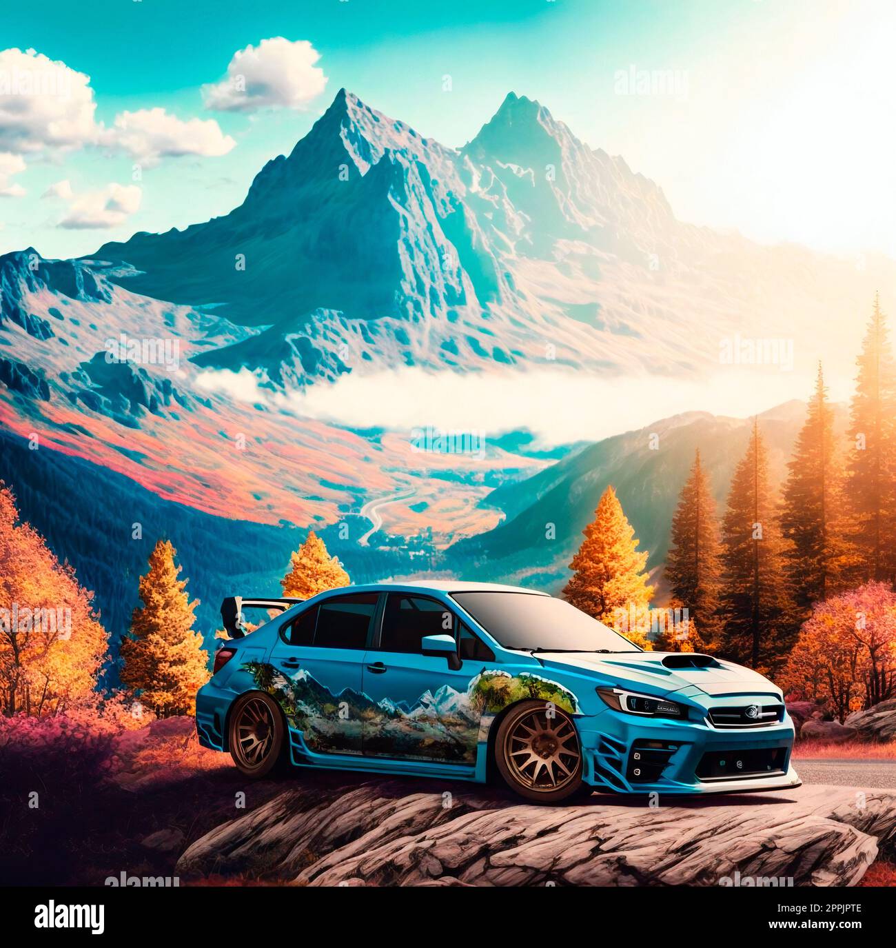 Questa immagine cattura la bellezza di un paesaggio di montagna con un Subaru Foto Stock