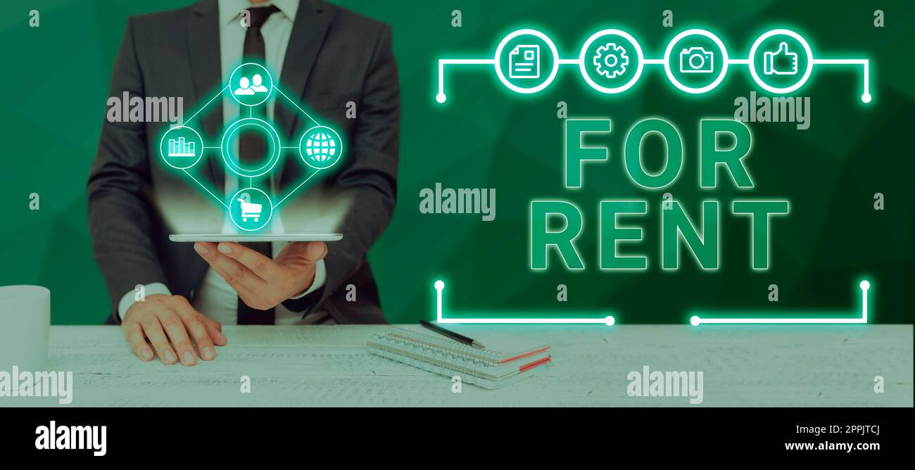 Cartello di testo con in affitto. Idea di affari quando rendete la proprietà disponibile per l'acquisto temporaneamente Foto Stock