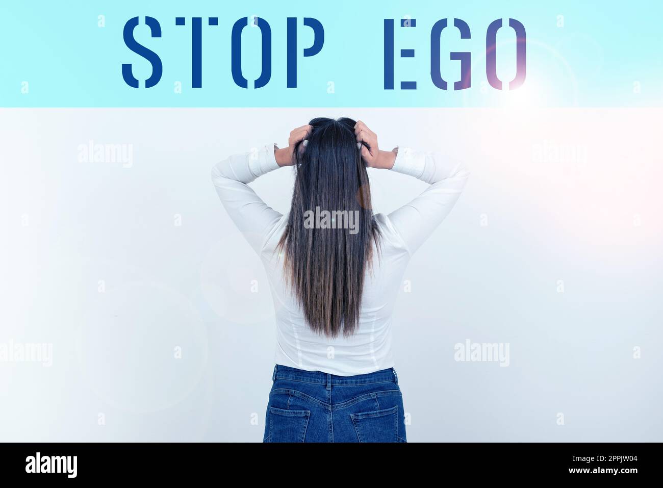Didascalia di testo con Stop Ego. Word for Control la tua ossessione per una decisione o un evento o qualcosa Foto Stock
