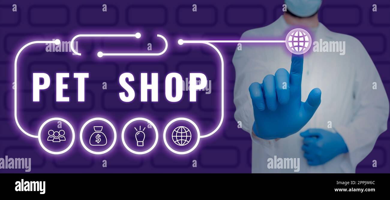 Segno di scrittura a mano PET Shop. Parola per commercio al dettaglio che vende diversi tipi di animali al pubblico Foto Stock