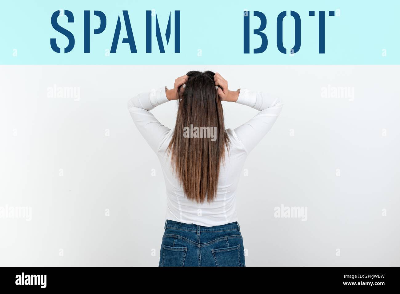 Segno di scrittura a mano Spam Bot. Parola per programma autonomo su Internet che invia spam agli utenti Foto Stock