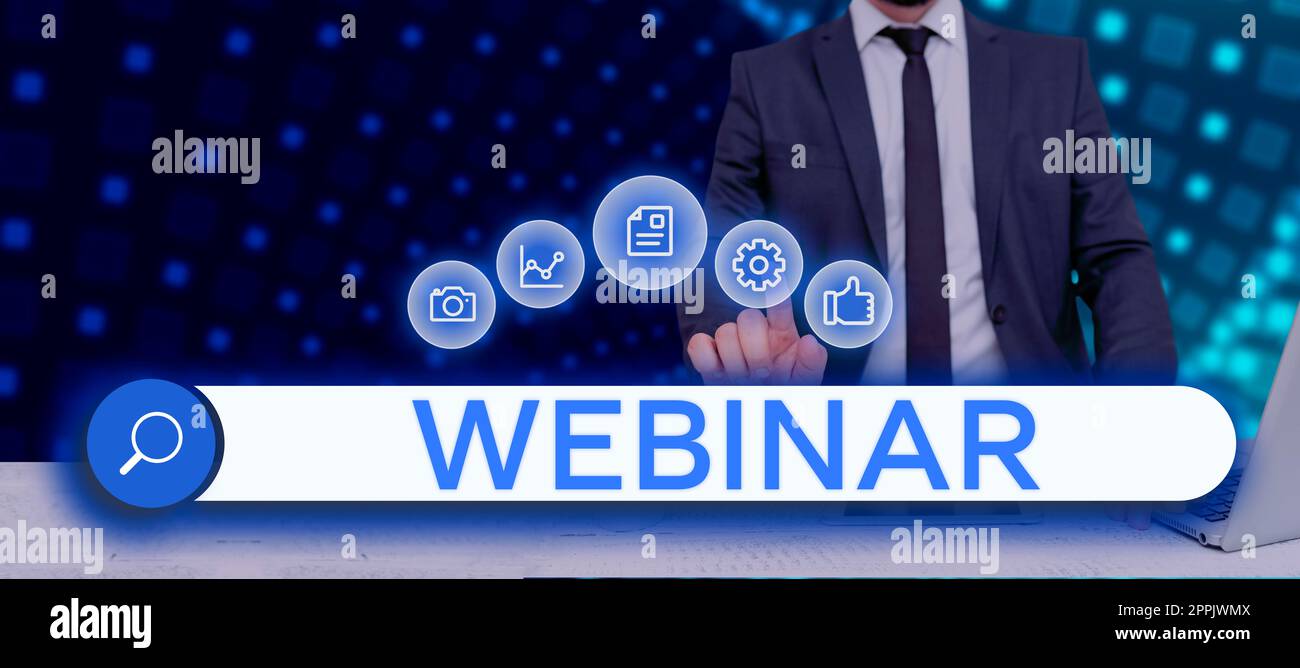Seminario Web sulla scrittura del testo visualizzato. Panoramica aziendale definita come seminario condotto su Internet per conferenze Web Foto Stock