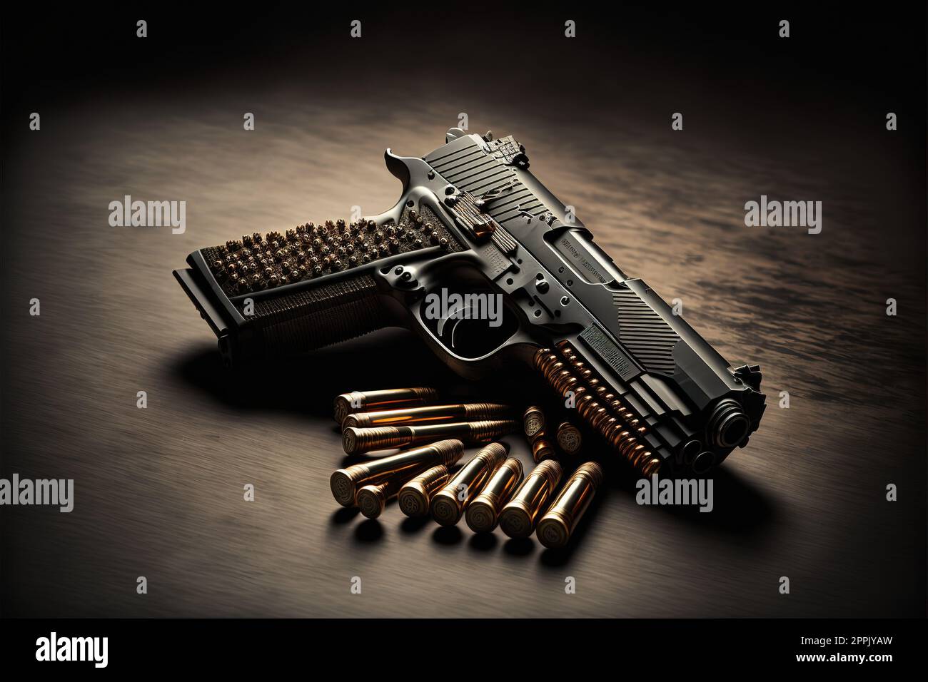Pistola a mano con munizioni su sfondo scuro. arma militare a pistola da 9 mm e munizioni di pallottole al tavolo di metallo Foto Stock