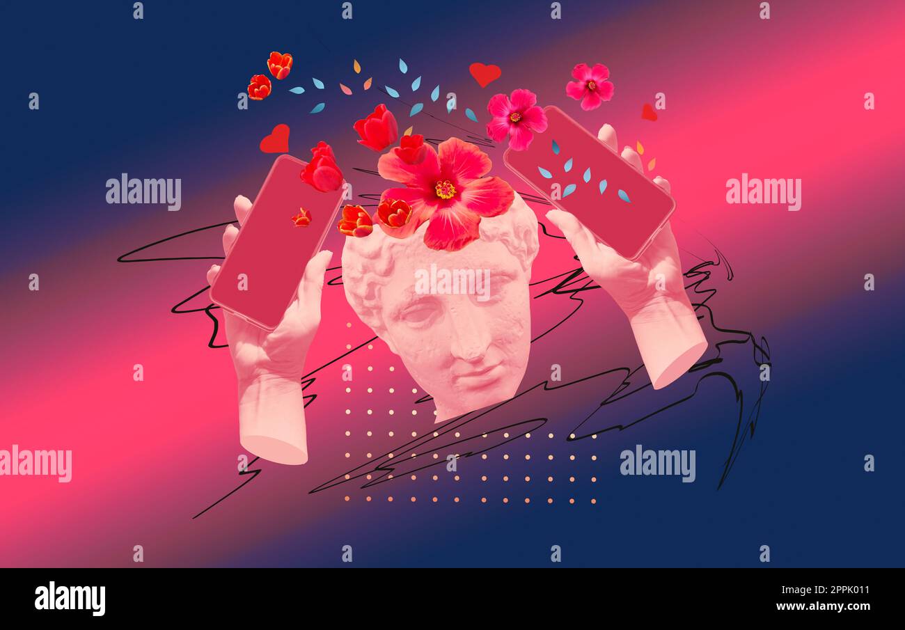 Statua che tiene in mano il moderno smartphone senza cornice. Foto Stock