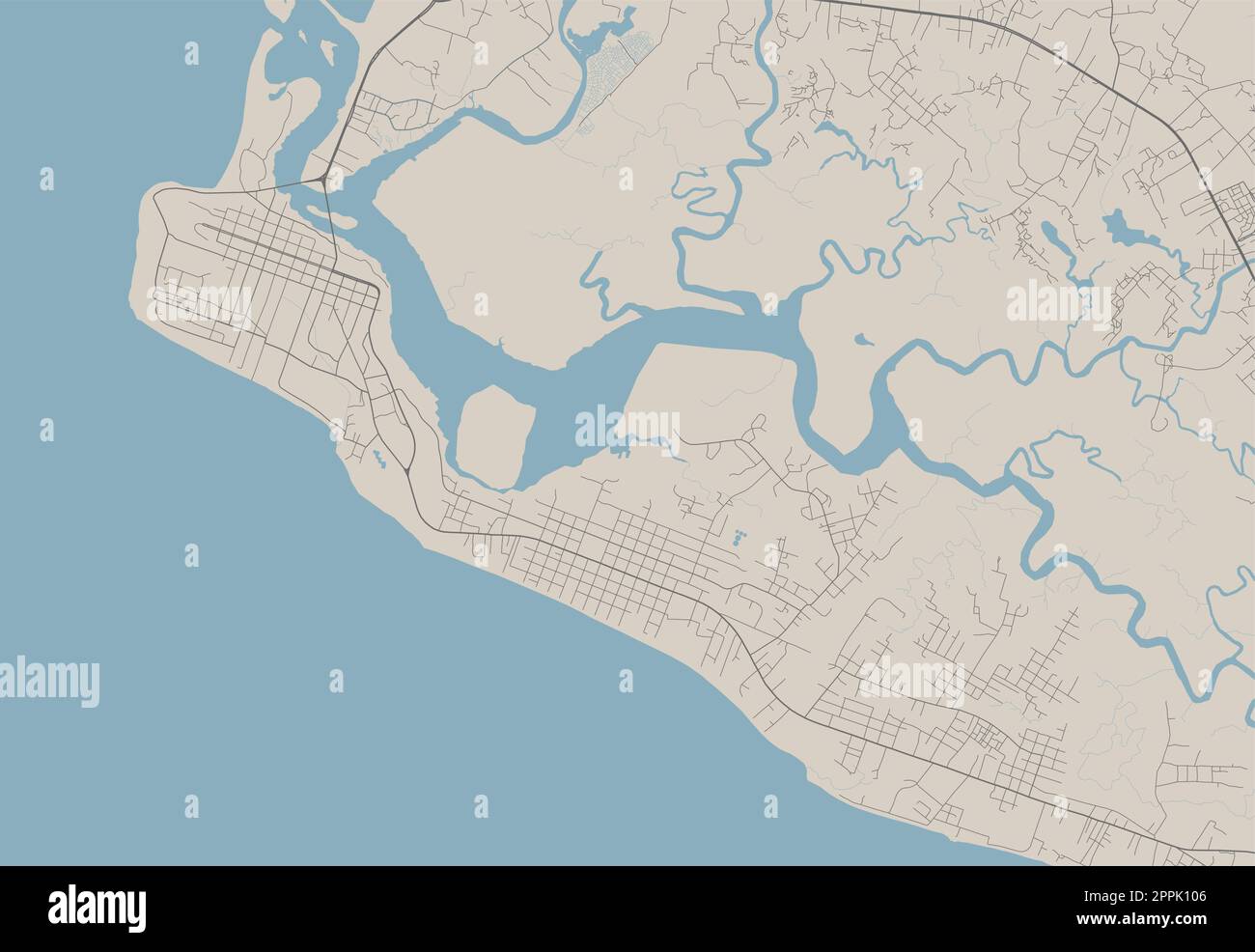 Mappa dettagliata di Monrovia, capitale della Liberia. Mappa amministrativa comunale con fiumi e strade, parchi e ferrovie. Illustrazione vettoriale. Illustrazione Vettoriale