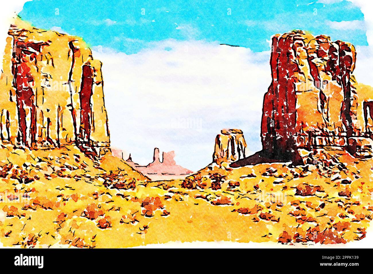 Illustrazione creativa con design vintage ad acquerello - Monument Valley negli Stati Uniti, panorama rosso con cielo blu. Foto Stock