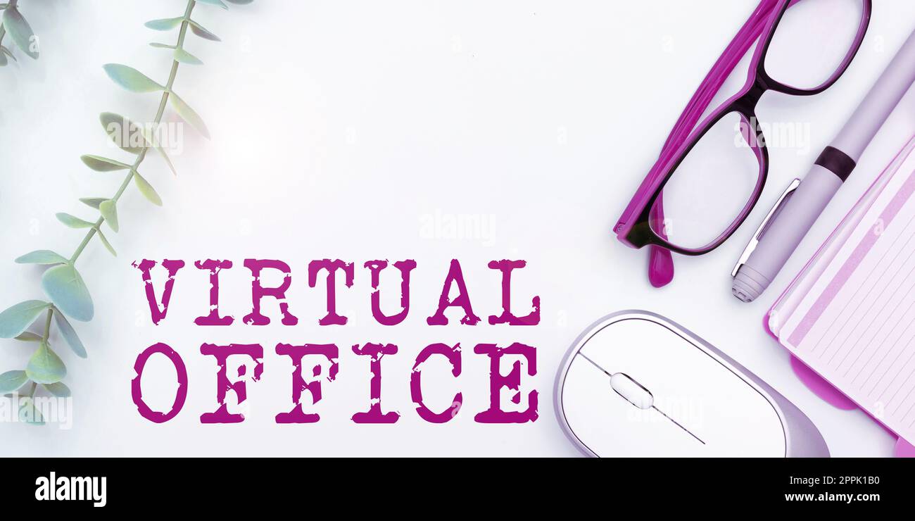 Firma di scrittura a mano Ufficio virtuale. Approccio aziendale ambiente di lavoro mobile dotato di collegamenti di telecomunicazione Foto Stock