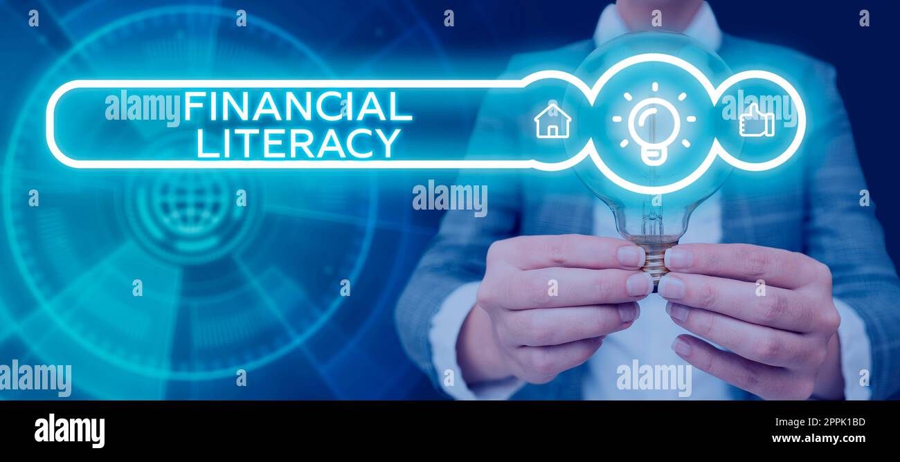 Segno di testo che mostra l'alfabetizzazione finanziaria. Concetto del Internet capisca e informato su come i soldi funzionano Foto Stock