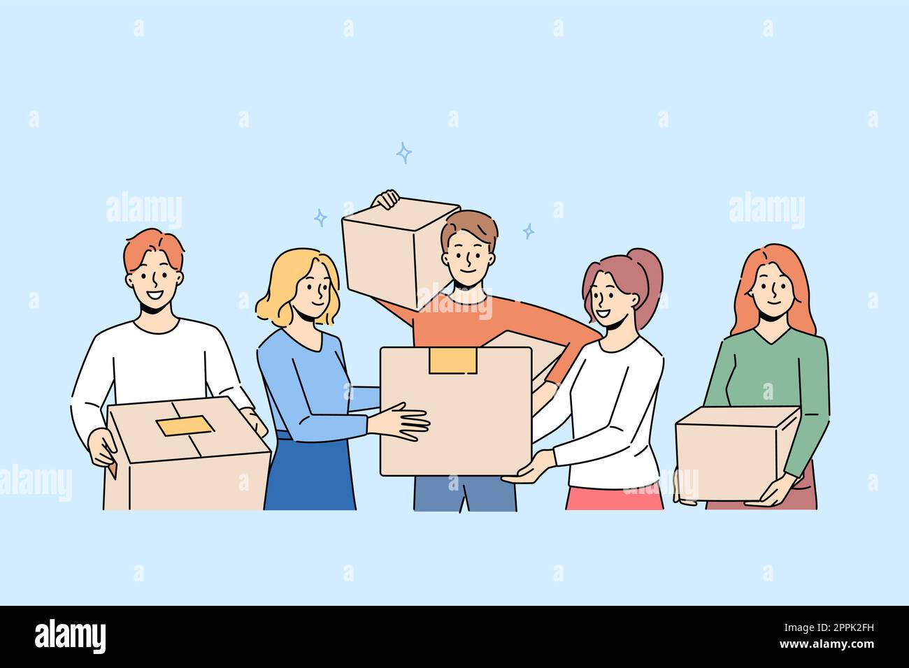 Sorridendo le persone con scatole di cartone che si muovono insieme. Uomini e donne felici con i pacchetti impegnati nel trasferimento a nuova casa. Illustrazione vettoriale. Illustrazione Vettoriale