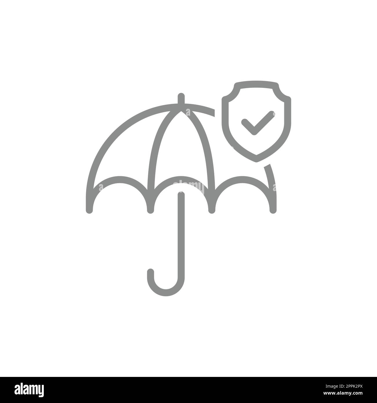 Icona ombrello, scudo e vettore linea segno di spunta. Assicurazione, simbolo protetto e protetto. Illustrazione Vettoriale