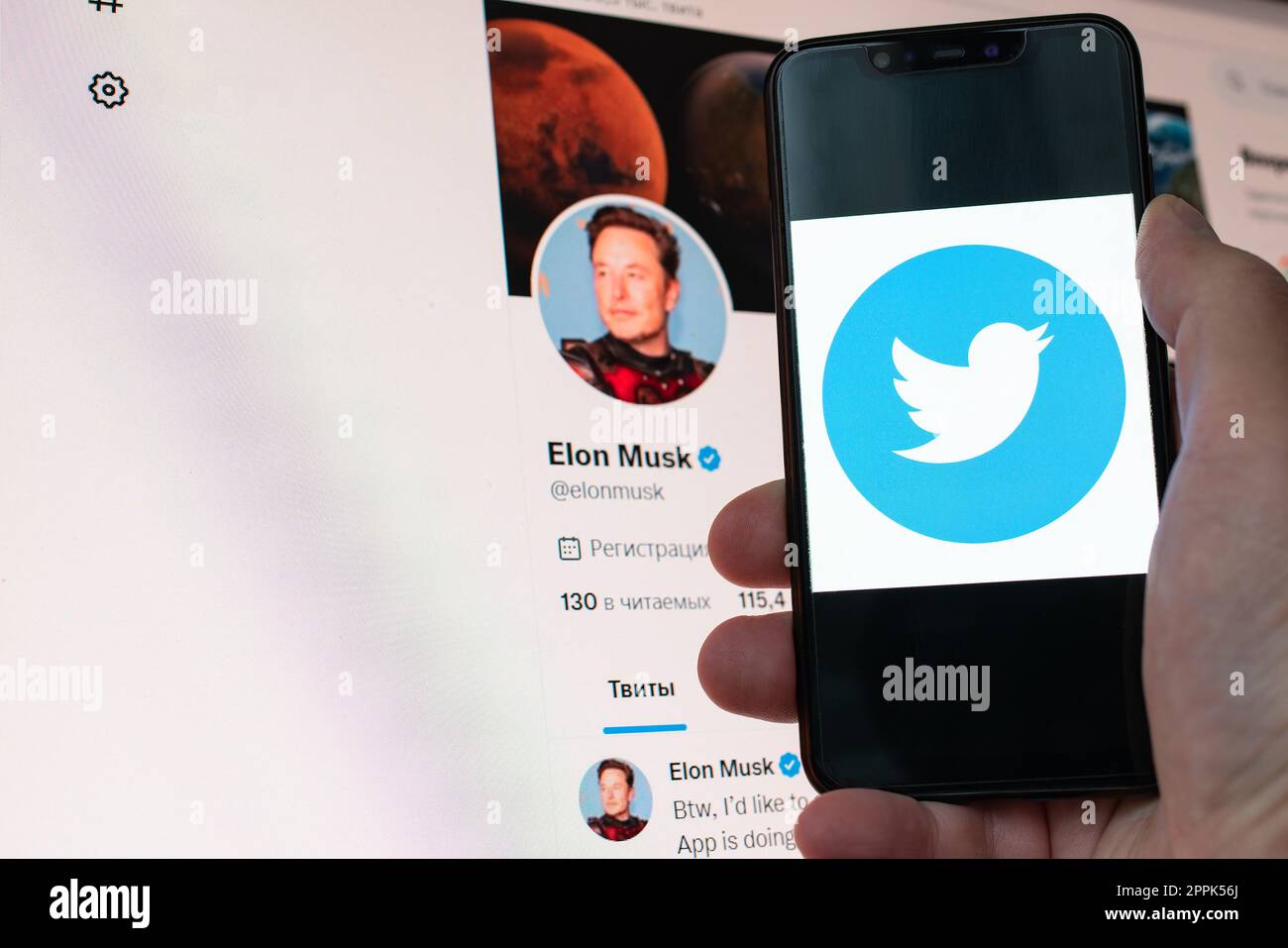 Kiev, Ucraina - 14 novembre 2022: Profilo Twitter ufficiale di Elon Musk sul monitor e logo dei social media visualizzato in primo piano su uno smartphone. Elon Musk raggiunge un accordo per acquisire Twitter. Foto Stock