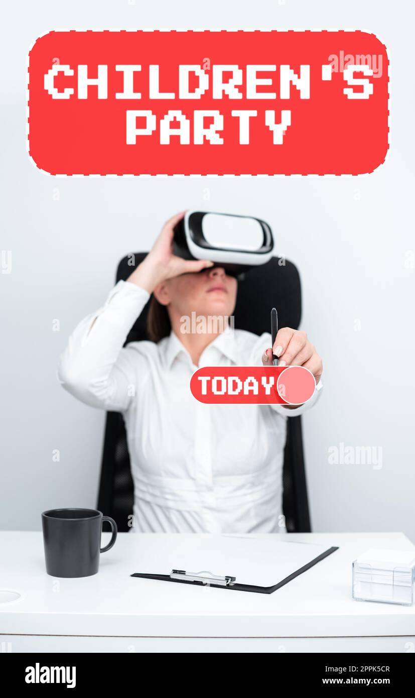 Cartello di testo che mostra il partito dei bambini. Vetrina d'affari, incontri sociali o intrattenimento per i bambini Foto Stock