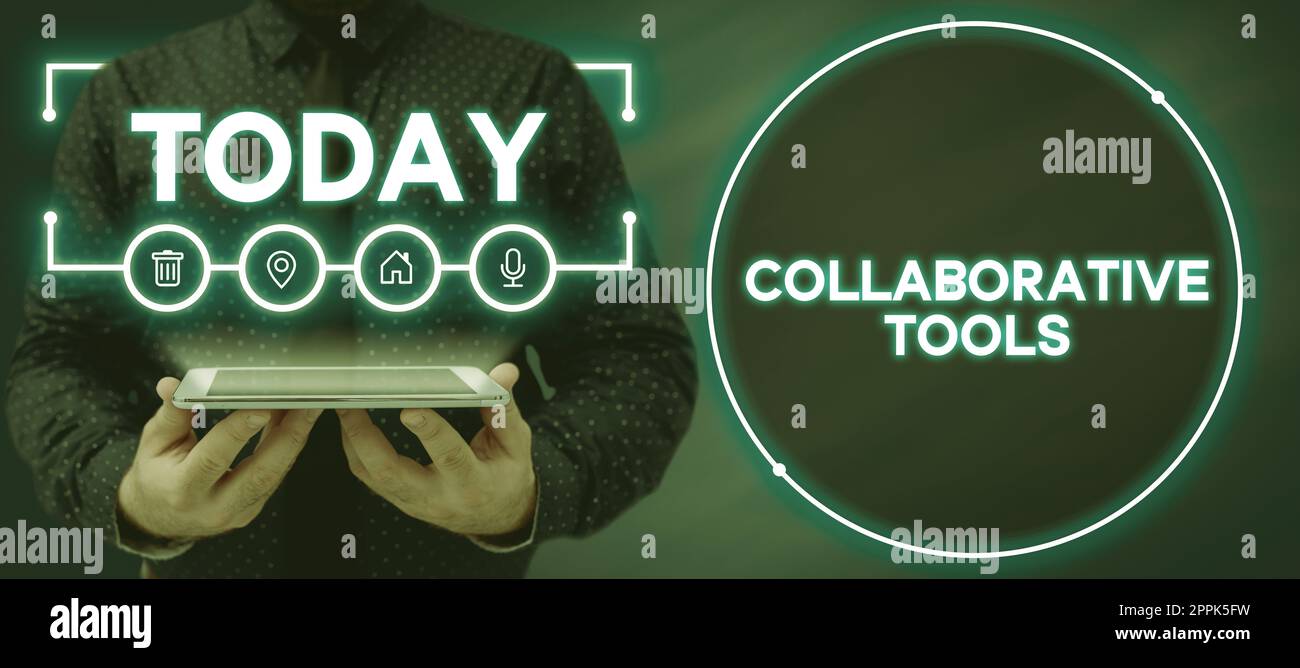 Didascalia di testo che presenta gli strumenti di collaborazione. Foto concettuale Social Network privato per connettersi tramite e-mail online Foto Stock