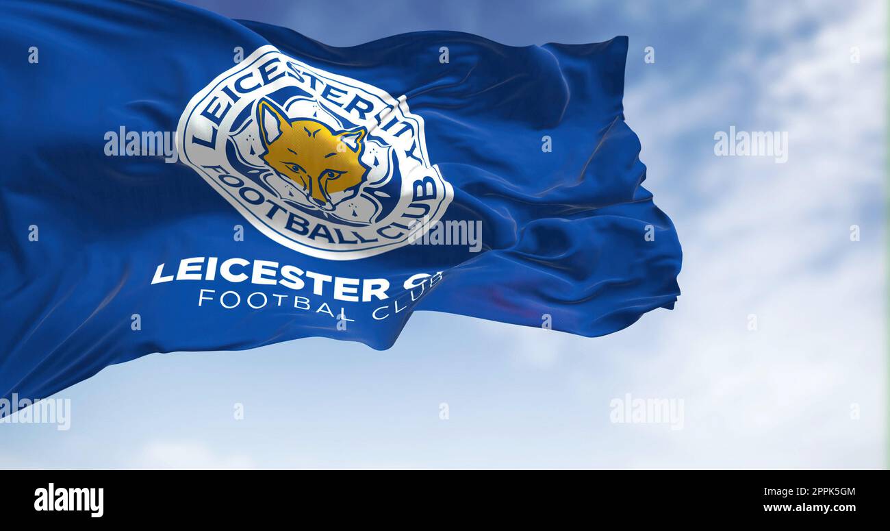 Vista ravvicinata della bandiera del Leicester City Football Club Foto Stock