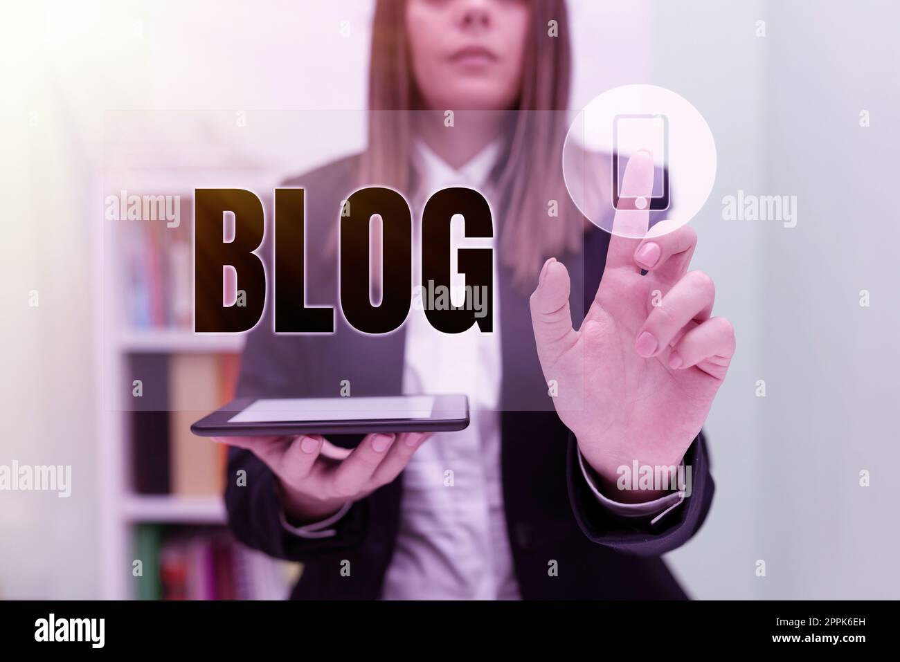 Scrittura a mano segno Blog. Concetto che significa piattaforma in cui gli autori condividono le loro opinioni su un singolo argomento Foto Stock