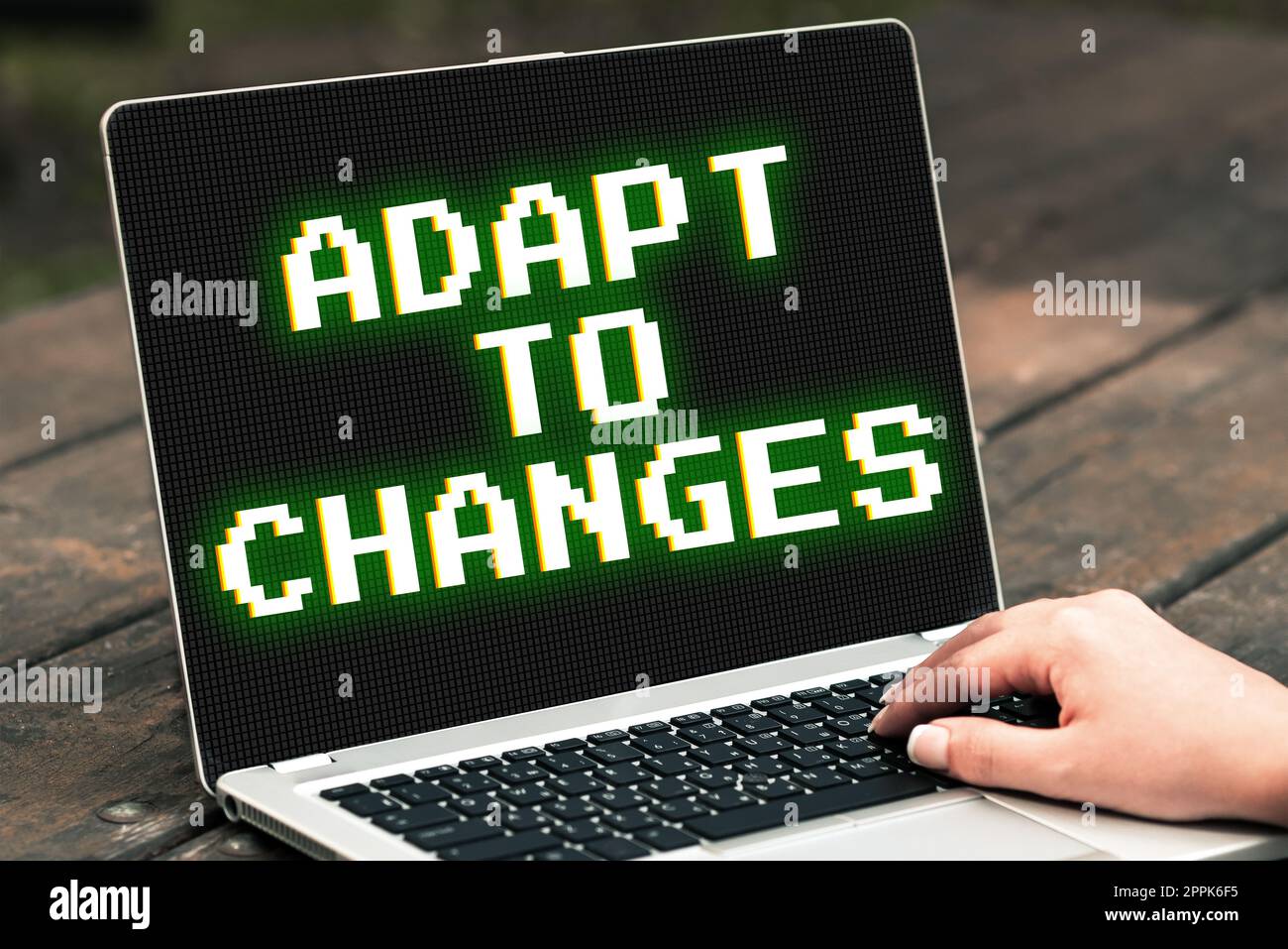 Scrittura visualizzazione testo adatta alle modifiche. Panoramica aziendale abbracciare nuove opportunità crescita progressi nell'adattamento Foto Stock