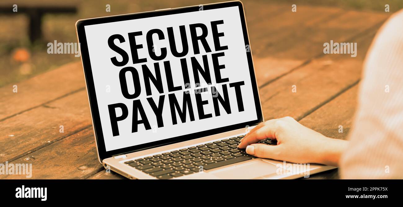 Scrittura testo visualizzazione pagamento online sicuro. Tecnologia digitale concettuale Photo Safe trasferimento elettronico delle rimesse Foto Stock