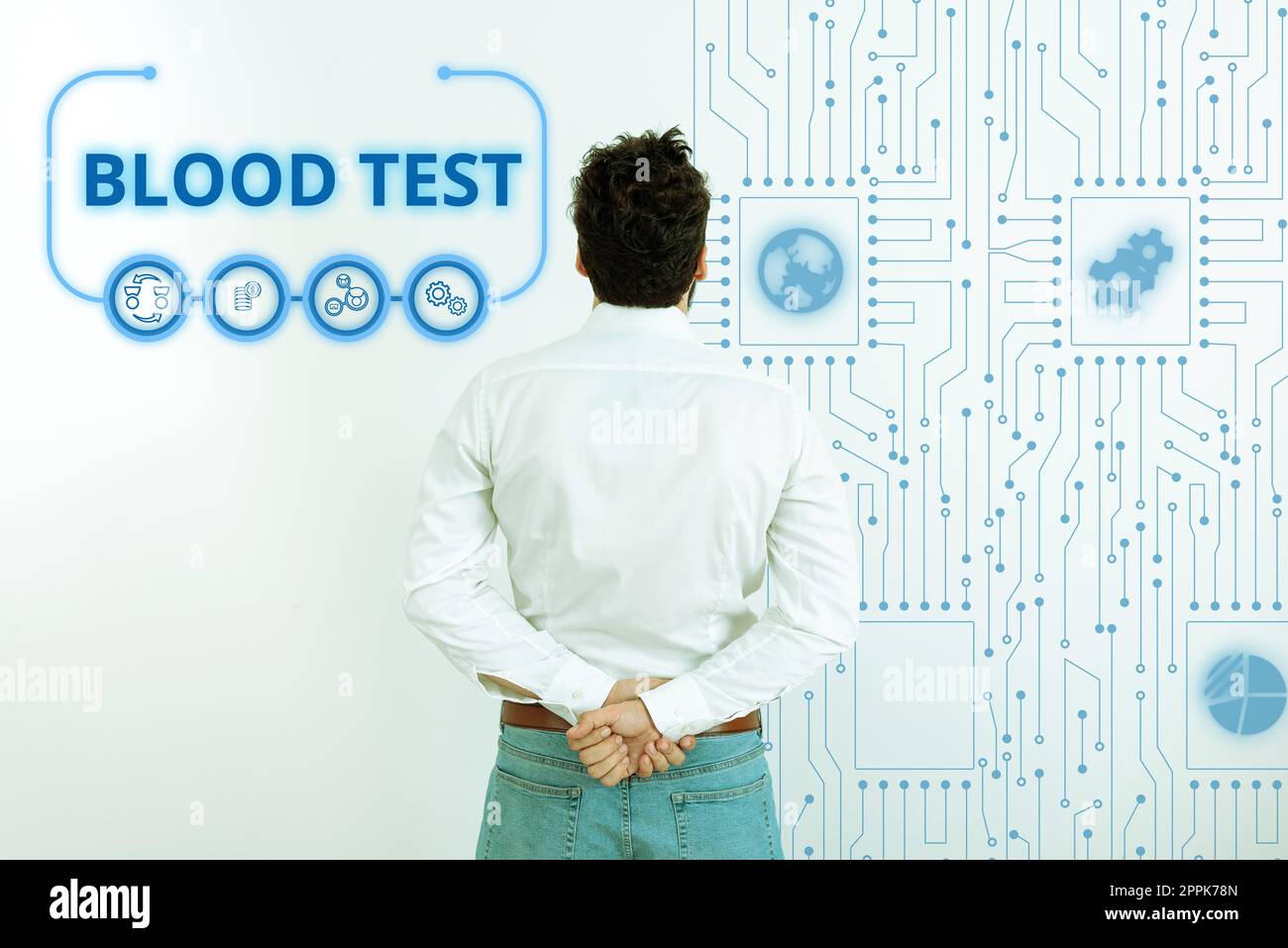 Esame del sangue con visualizzazione concettuale. Internet Concept ha estratto un campione di sangue da un organismo per eseguire un'analisi di laboratorio Foto Stock