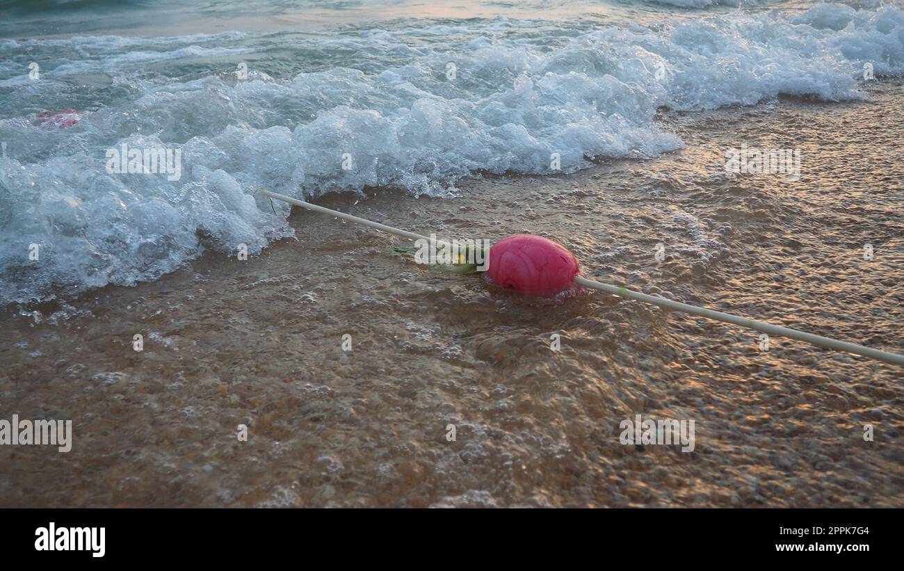 Boe su una corda vicino all'acqua di mare. Le boe sono delle restrizioni rosa per avvisare le persone della profondità dell'acqua. Salvataggio dell'annegamento. Delimitando un posto su una spiaggia sabbiosa tra gli hotel. Agitare con bolle. Foto Stock