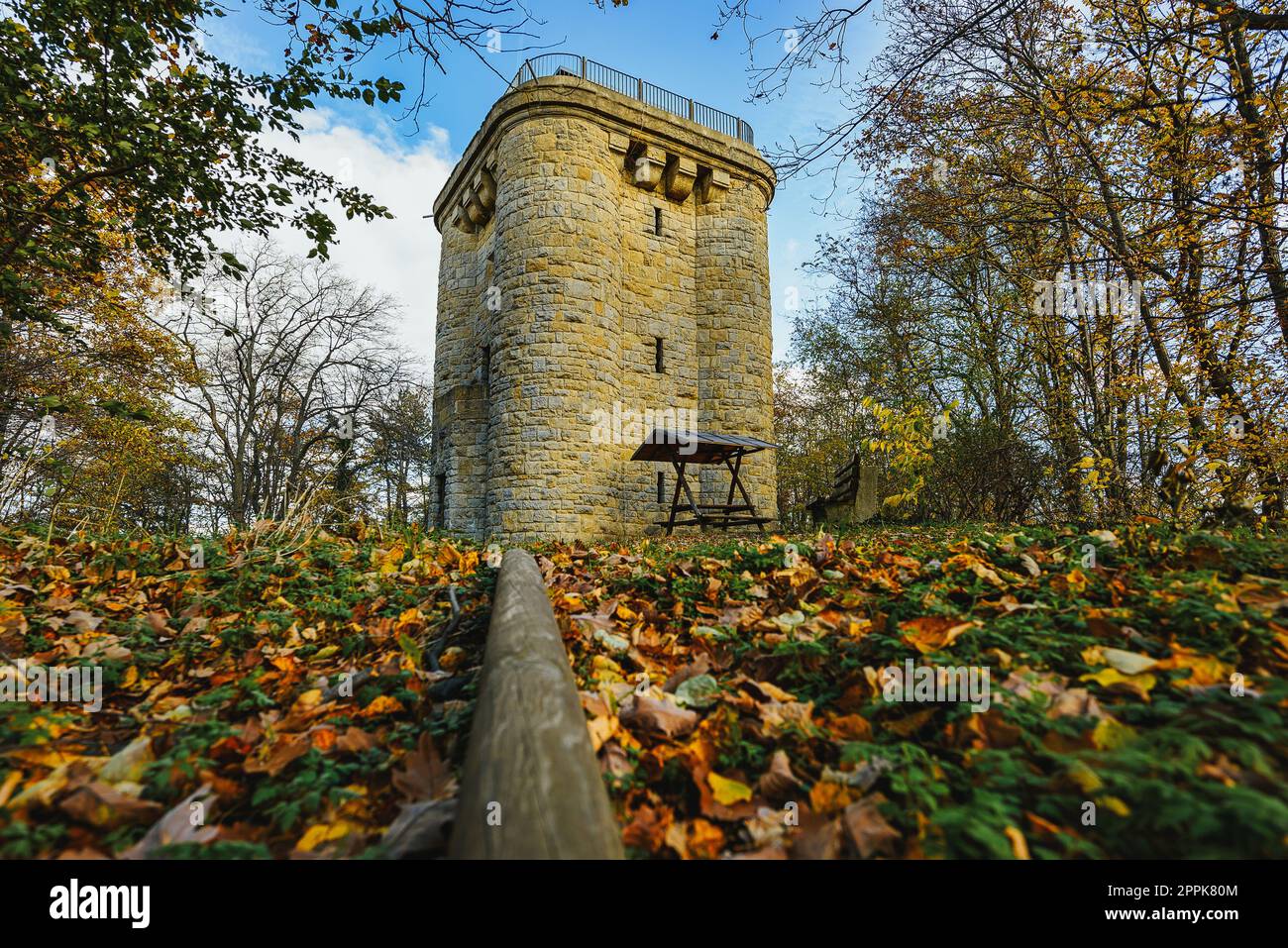 Colorata giornata autunnale con la Torre Bismarck vicino a Ballenstedt in Sassonia-Anhalt, Germania Foto Stock
