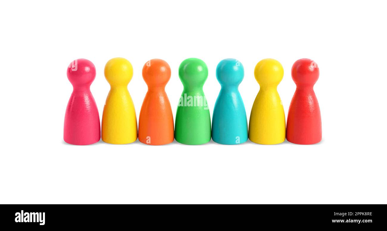 Pedine colorate su sfondo bianco. Concetto di inclusione sociale Foto Stock