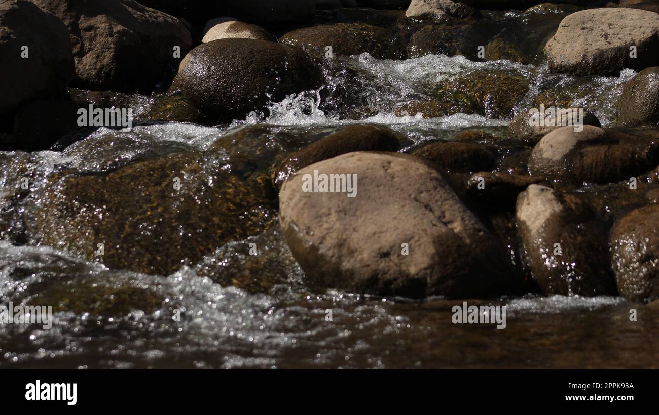 Primo piano di acqua che scorre in un ruscello e rocce Foto Stock